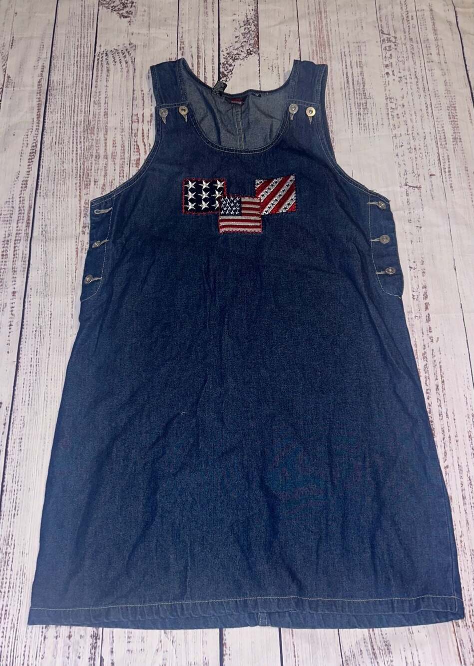 Vintage 90s Lindsey Michelle Denim American Flag Jumper Dress Medium